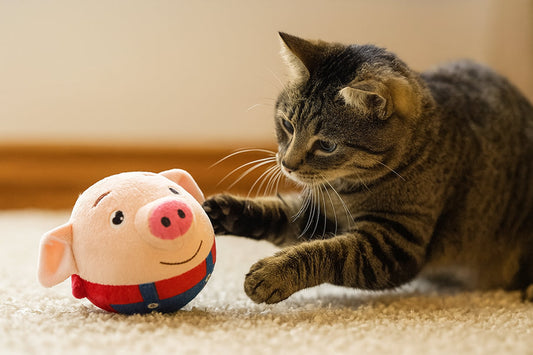 cat pawing at a plush cat toy