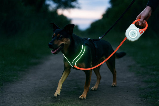 Dog wearing a smart LED harness walking on a dimly lit trail at dusk