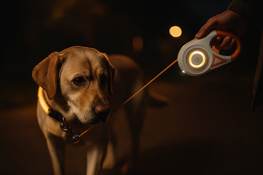 Dog walking at night with leash and LED collar for visibility