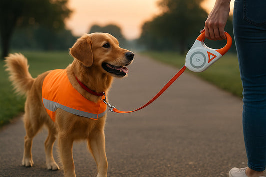 Dog wearing bright vest and LED collar on early morning walk