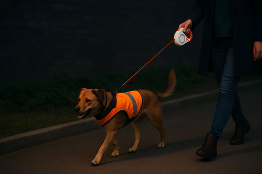 Dog walking at night with leash and LED collar for visibility