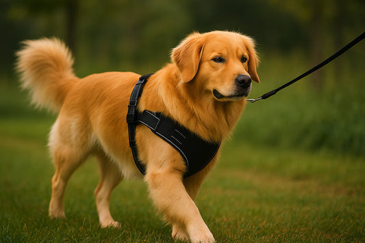 Dog wearing a harness and leash during a walk in the park. 