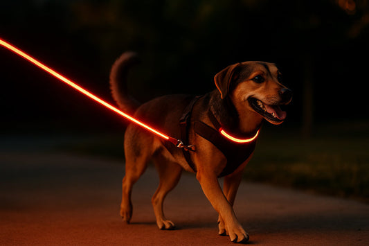 Dog on LED leash in low-light setting