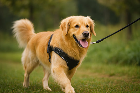 happy dog wearing a harness walking outside