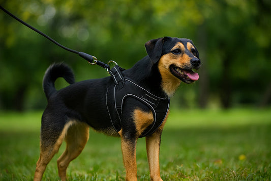 Dog wearing reflective harness on a sunny walk at park