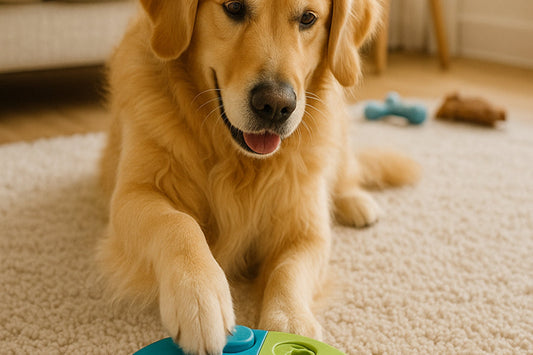 Dog solving a treat puzzle toy in a living room