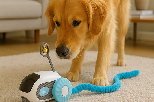 dog inspecting a clean interactive toy