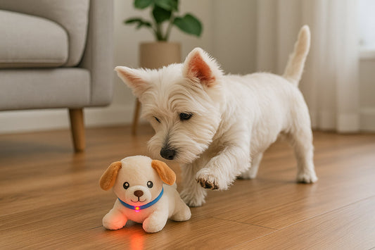 Dog playing with Smart Electric Plush Dog Toy.