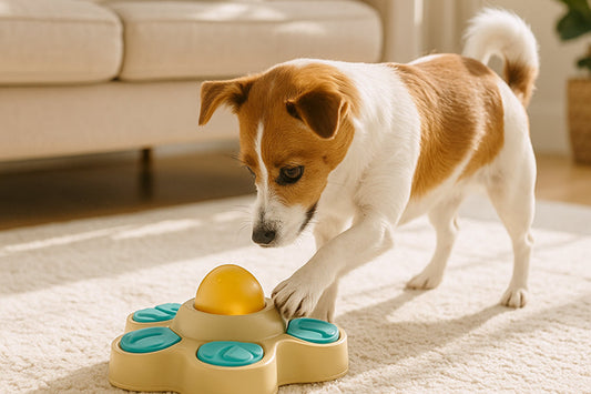 Dog playing with a treat-dispensing toy in a living room