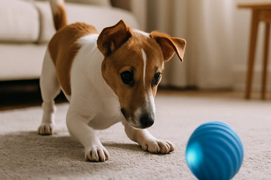 Dog watching a toy roll across the carpet