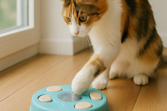 Cat engaging with an electronic puzzle toy