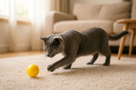 Cat playing with an automatic car toy on the carpet