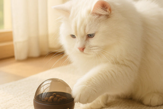 Cat playing with a treat-dispensing interactive ball