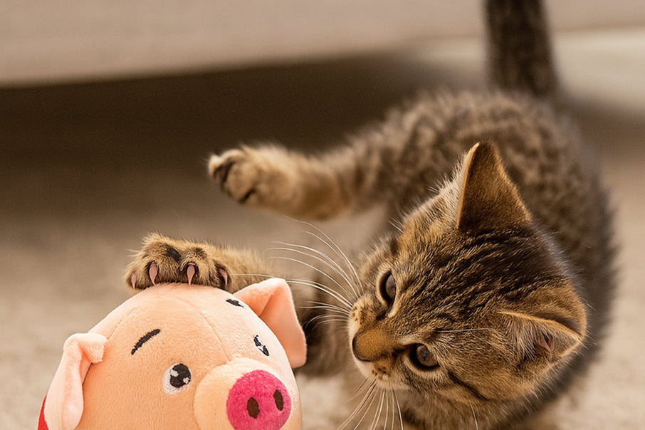 Tabby kitten rolling with a toy for cat