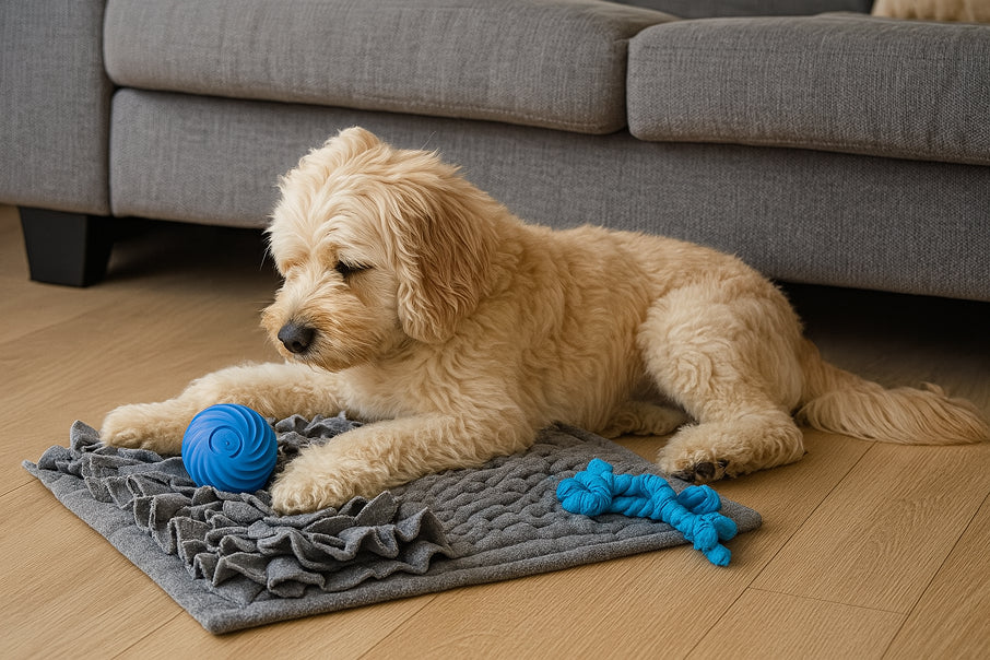 Dog resting on snuffle mat while interactive toy ball