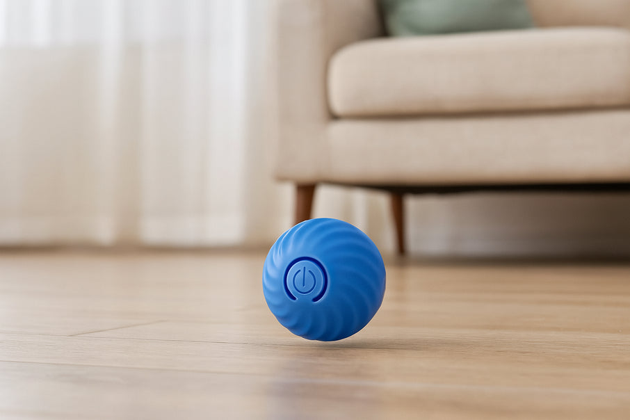 Close-up of motion-activated toy bouncing in living room