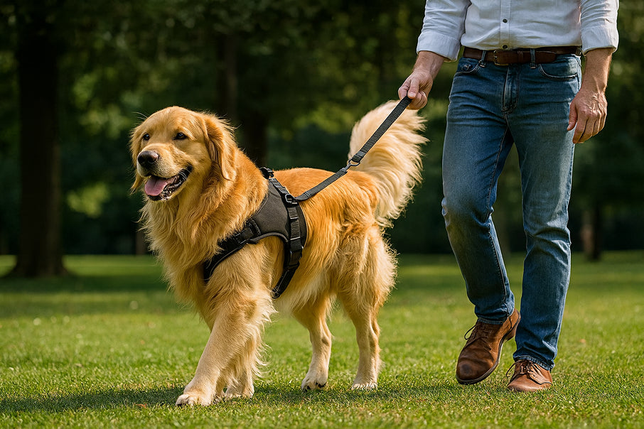 Man walking a golden retriever on a leash in a park