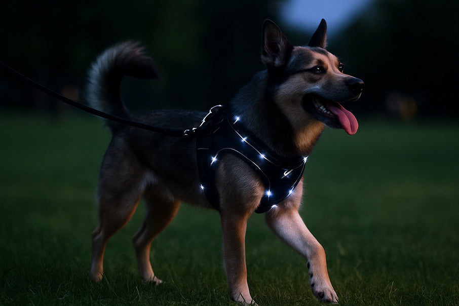 Dog walking at dusk with LED harness and LED leash