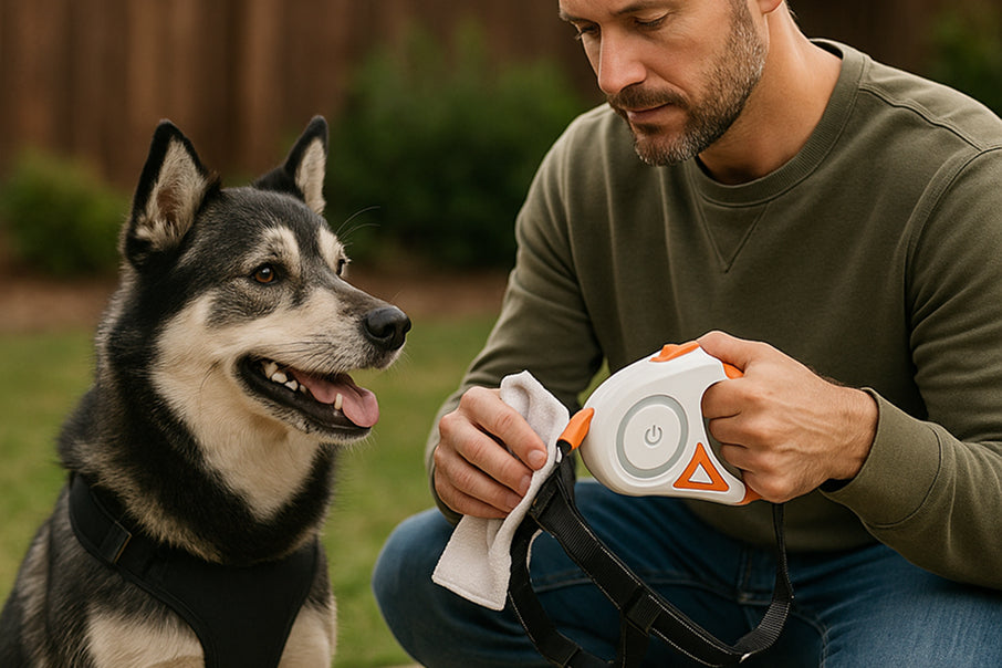 Owner cleaning dog gear after outdoor walk beside the dog