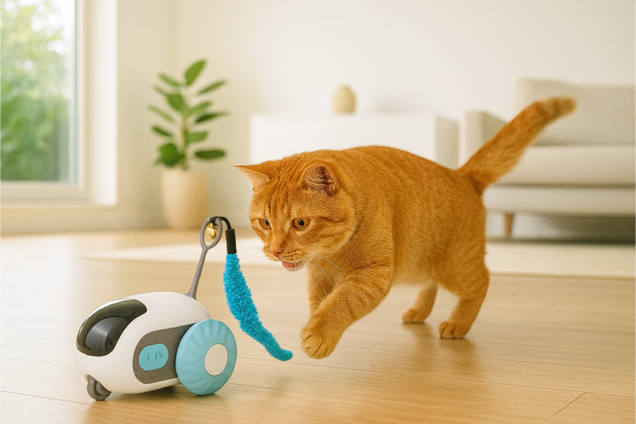 Cat playing with a smart car toy at home