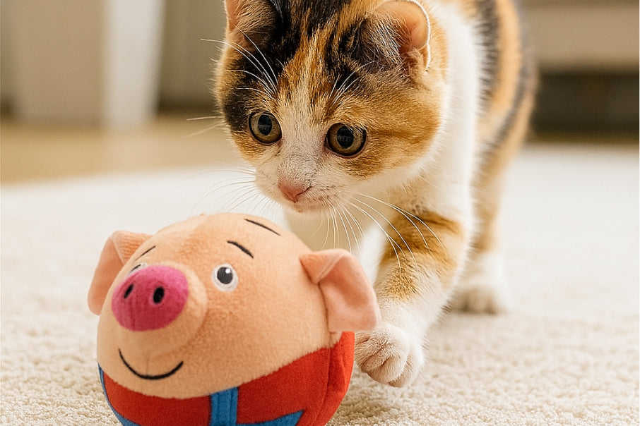 Cat playing with a smart car toy at home