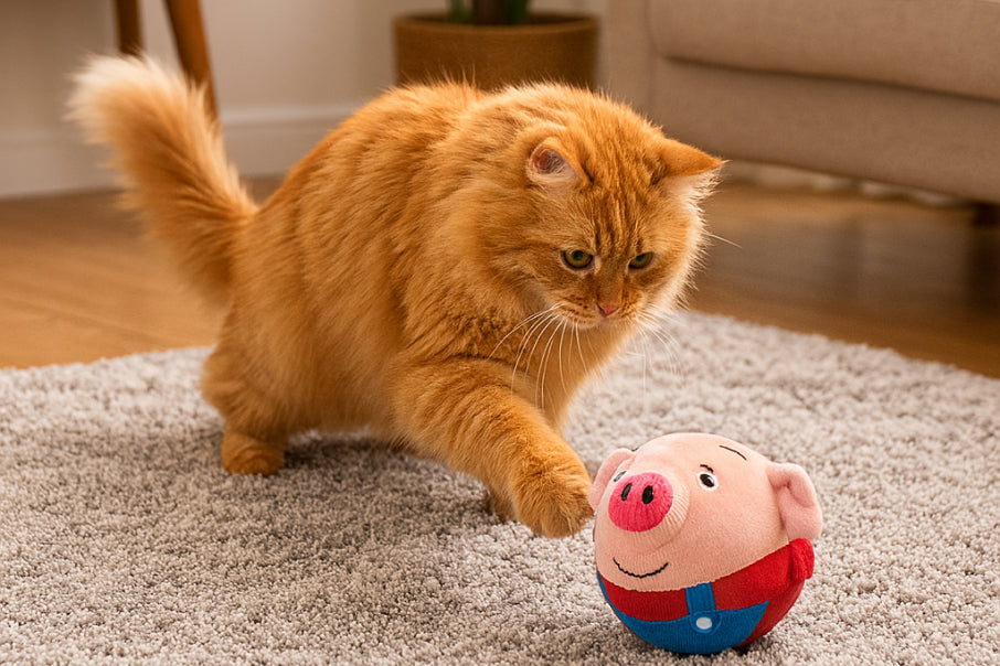 Cat chasing a self-moving, bouncing pet toy on hardwood floor