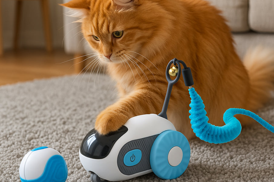 Cat playing with a smart car toy at home
