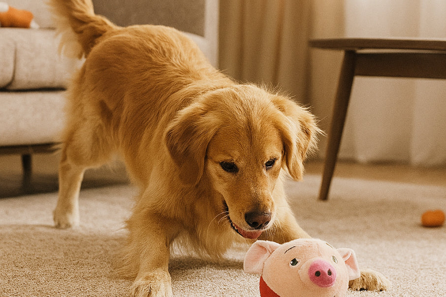 Dog watching a bouncing plush toy roll across the carpet