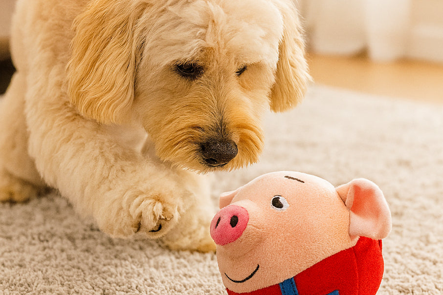 Dog engaging with a motion-activated plush toy