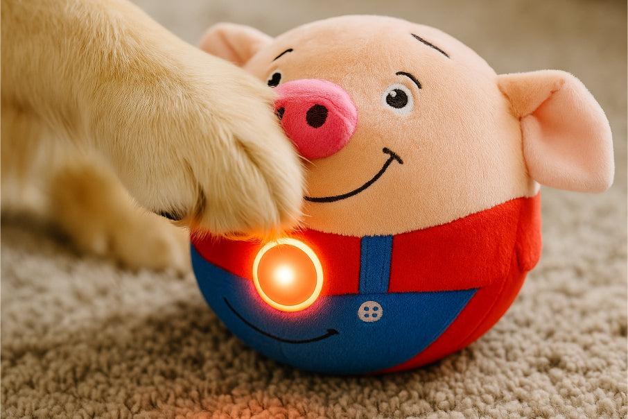 Dog playing with a plush in the living room