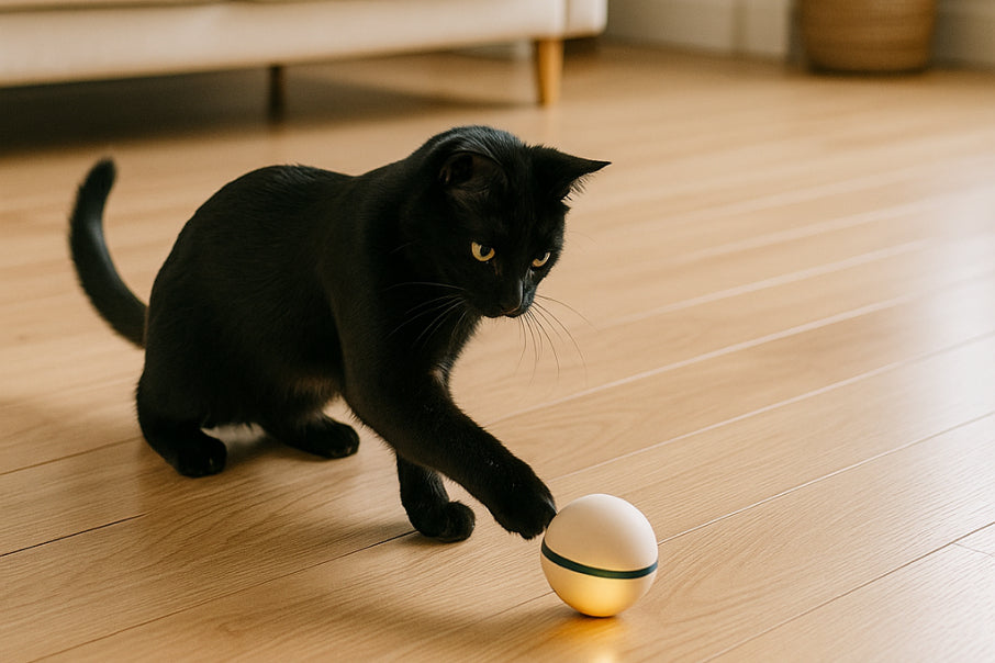 Cat interacting with a self-moving pet toy