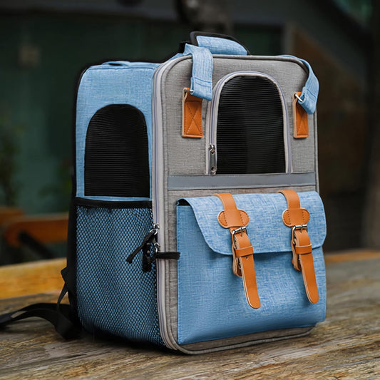Pet Carrier Backpack, Cat Small Dog Backpack Carrier for Traveling Hiking Outdoor with Ventilated Mesh Straps Premium Oxford Cloth Leather Buckle(Blue) HP001
